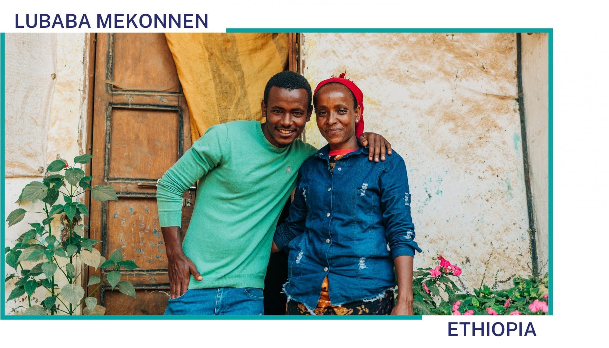 Lubaba Mekonnen stands with her son in front of their house in Ethiopia