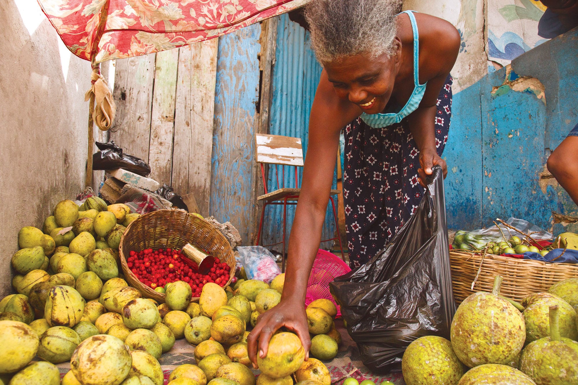 A woman sells mangoes in Haiti