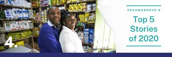 Header graphic for the TechnoServe's top stories #4 , featuring a photograph of two micro-retailers in Kenya standing in their family-owned small business. 