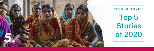TechnoServe's top stories # 5 header image: featuring a group of women participating in a TechnoServe training session in India. On the right of the photo is a white background overlaid with text in teal font.