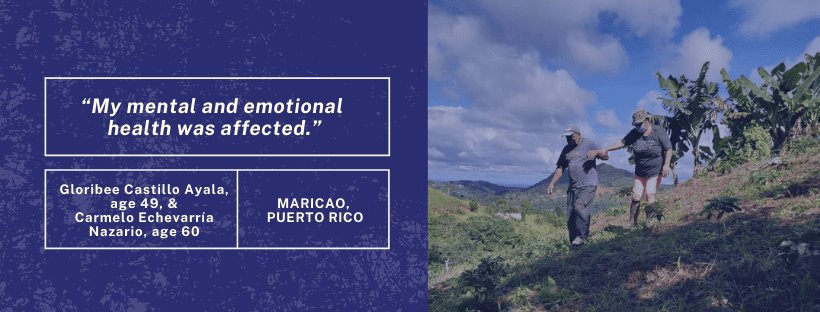 Resilience is essential for technoserve clients who struggle like us all during the pandemic. Graphic with quote on left side that says "My mental and emotional health was affected." On the right side there is a photo of two people walk down a hill in Puerto Rico. 