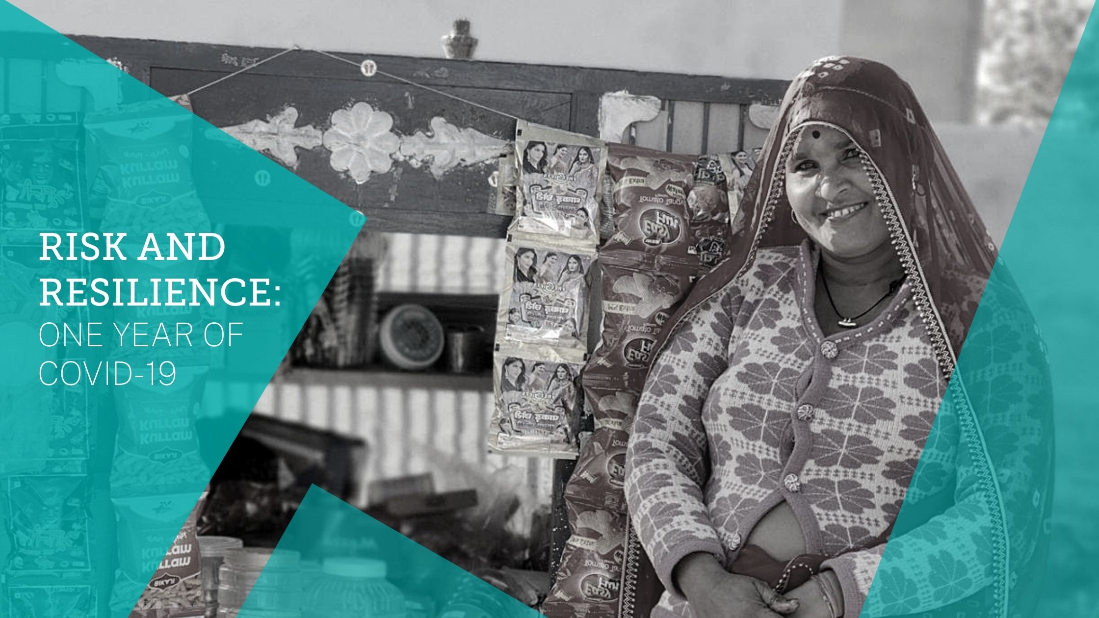 Decorative graphic reads: "Risk and Resilience: One Year of COVID-19." Image of Gomti Devi, a smallholder guar farmer in Bikaner, Rajasthan, India, whose gender-inclusive training from TechnoServe helped her withstand the COVID-19 crisis.