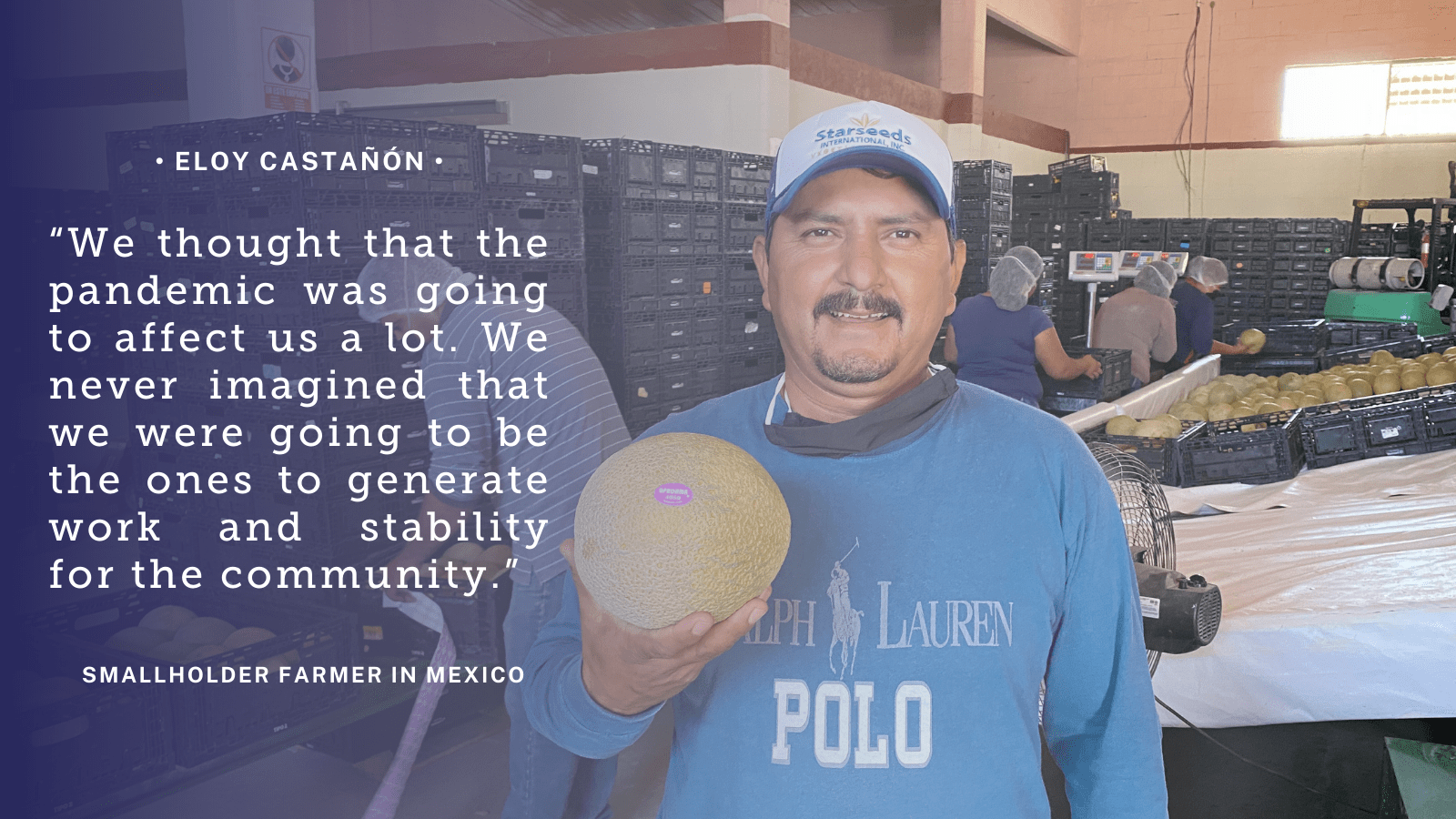Purple quote graphic reads: "We thought that the pandemic was going to affect us a lot. We never imagined that we were going to be the ones to generate work and stability for the community.” -Eloy Castañón, smallholder farmer, Mexico