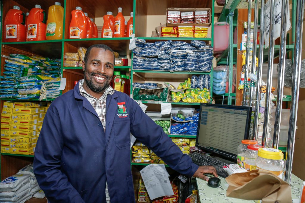 Francis Kinyanjui, a Smart Duka participant and micro-retailer, at his business in Umoja, Nairobi. 