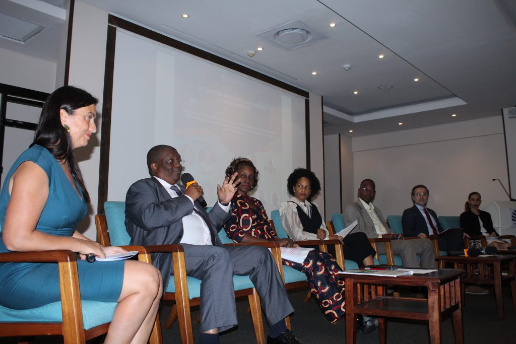 From right to left: Barbora Hladka, Higino Marrule, Elsa Mapilele, Lorena Adam, Norberto Mahalambe, João Mota, and Deyzes Pereira, at a panel discussion. Photo by Isac Timba for TechnoServe. 