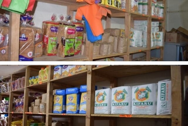 A before and after image of a micro-retail store owned by entrepreneur Winnie Yegon in Kenya who received training on product display and inventory management through TechnoServe's PAYED program. 