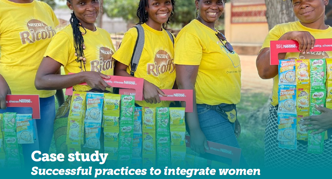 5 smiling women in yellow t-shirts from Mozambique. Cover from Case study about integrating women as sales agents in distribution models.