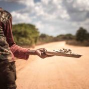 A person holding a tray of cashew extended in one hand, standing on a dirt road under a cloudy sky.